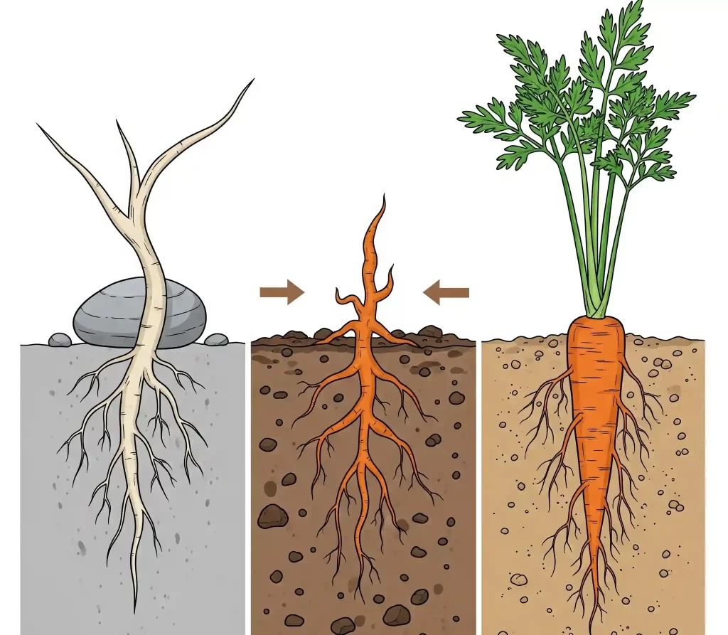 A conceptual illustration demonstrating how a sensitive carrot taproot reacts to different soil conditions. One segment shows the taproot forking and splitting as it encounters a small rock obstacle. Another segment depicts the taproot stunting and shortening when it hits a dense clump of compacted clay soil. In contrast, a third segment illustrates a healthy, straight taproot growing unimpeded through loose, well-prepared soil. This visual emphasizes that the development of long, straight carrots is directly dependent on the absence of obstructions and the overall quality and texture of the soil.