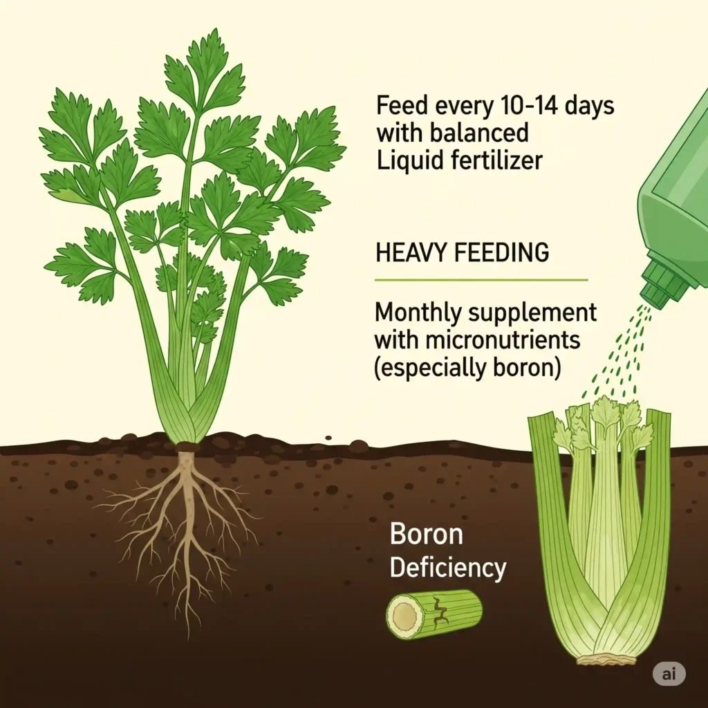 An instructional graphic detailing celery fertilization needs, emphasizing heavy feeding. It recommends a balanced liquid fertilizer every 10-14 days and a monthly supplement with micronutrients, specifically highlighting boron. A subtle visual of a cracked stalk illustrates boron deficiency, underscoring the importance of this micronutrient for preventing hollow or brittle stalks and ensuring a perfect celery harvest.