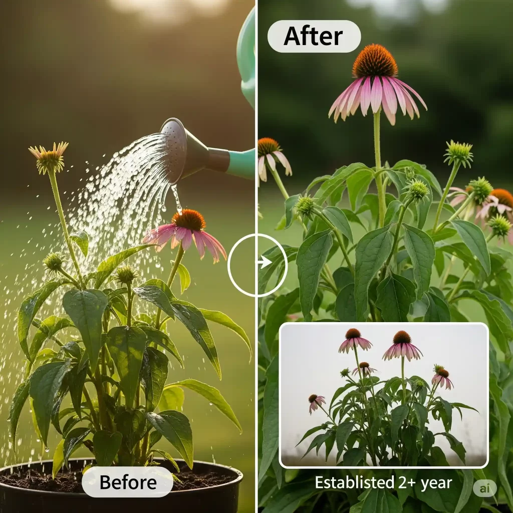 A comparative image illustrating the distinct watering needs of coneflowers during their first year versus when they are established. One side shows a young, first-year coneflower receiving ample water to establish its deep taproot. The other side depicts a mature, established coneflower, emphasizing that it requires minimal watering, only during severe drought, and that slight afternoon wilting is normal, avoiding overwatering.