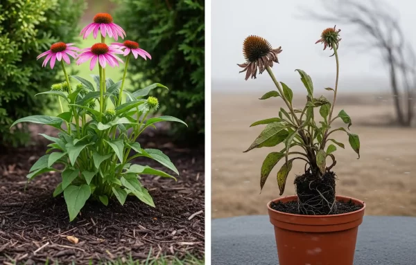A striking visual comparison illustrating the crucial "Pot Zone Hardiness Rule" for container gardening. On the left, a healthy, thriving lavender plant is shown in the ground, its roots naturally insulated by the earth's thermal mass. On the right, the same type of plant in a small, exposed terracotta pot appears withered and dead, demonstrating how a plant in a container experiences a significantly colder climate zone due to root exposure. This image effectively communicates that container plants need to be rated for at least two zones colder than the local climate to survive winter.