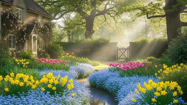 A breathtaking image of a traditional cottage garden featuring an abundant "river" of vibrant, sky-blue Myosotis sylvatica forget-me-not flowers flowing between cheerful yellow daffodils and soft pink tulips. The scene is bathed in gentle, dappled sunlight filtering through tall trees, highlighting the serene and enchanting atmosphere of a well-established spring garden.