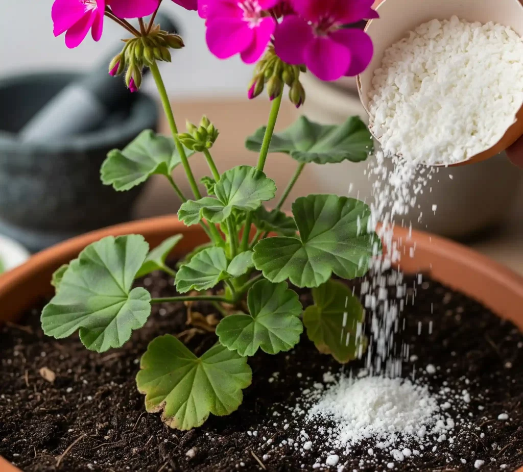 Finely crushed eggshells, appearing as a white powder, are being sprinkled onto the potting soil around the base of a robust geranium plant. This image illustrates an effective DIY calcium supplement, essential for strengthening plant cell walls and supporting the sturdy stems needed for abundant geranium flowers.