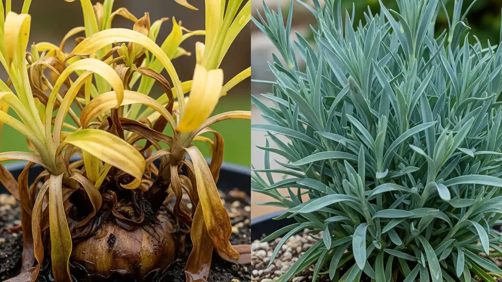A striking side-by-side visual comparison illustrating the consequences of improper Dianthus care versus the benefits of benign neglect. The left side shows a Dianthus plant suffering from overwatering, characterized by yellowed leaves, a visibly mushy base, and saturated soil. The right side contrasts with a healthy, thriving Dianthus plant, exhibiting vibrant blue-green foliage and firm growth, rooted in dry, well-drained soil with a pea gravel mulch layer, emphasizing the effectiveness of the "sip, don't soak" watering method for Dianthus.