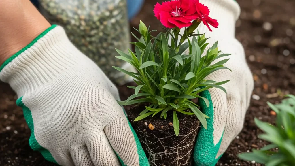 A detailed image demonstrating the proper planting technique for Dianthus, focusing on the crucial "lean and gritty" soil base. A gardener's hands are shown carefully setting a small Dianthus plant. The soil mix around the plant's crown is visibly composed of topsoil, compost, and a significant portion of coarse grit or perlite, highlighting the well-drained soil requirement. The crown is intentionally kept slightly above the soil line to prevent crown rot, and a bag of pea gravel for mulch is partially visible in the foreground, indicating best practices for Dianthus care.