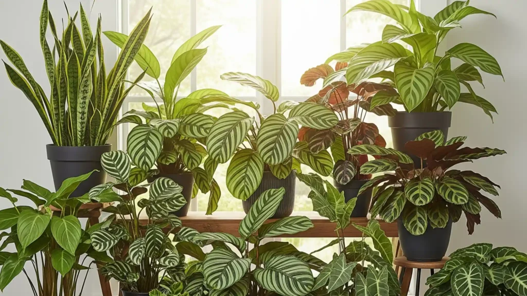 A beautiful indoor display of a diverse Calathea plant collection, featuring popular varieties like the Rattlesnake Plant, Zebra Plant, Peacock Plant, and Calathea Medallion. Each plant showcases its unique leaf shape and intricate patterns, arranged artfully on shelves and a plant stand in a well-lit room. This visual highlights the variety of Calatheas that can create a lush, thriving indoor jungle environment.