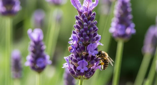A detailed close-up of a vibrant English lavender (Lavandula angustifolia) flower spike, showcasing its intricate anatomy. Deep purple, papery calyxes form the base of individual florets, from which delicate, lighter purple corollas (petals) emerge. The florets are arranged in distinct whorls that spiral up the stem, with a honeybee or bumblebee subtly visible on a lower floret, highlighting its role in pollination. The background is a soft, sun-dappled blur of a lavender field, emphasizing the plant's natural beauty and the detailed structure of its crown jewels.