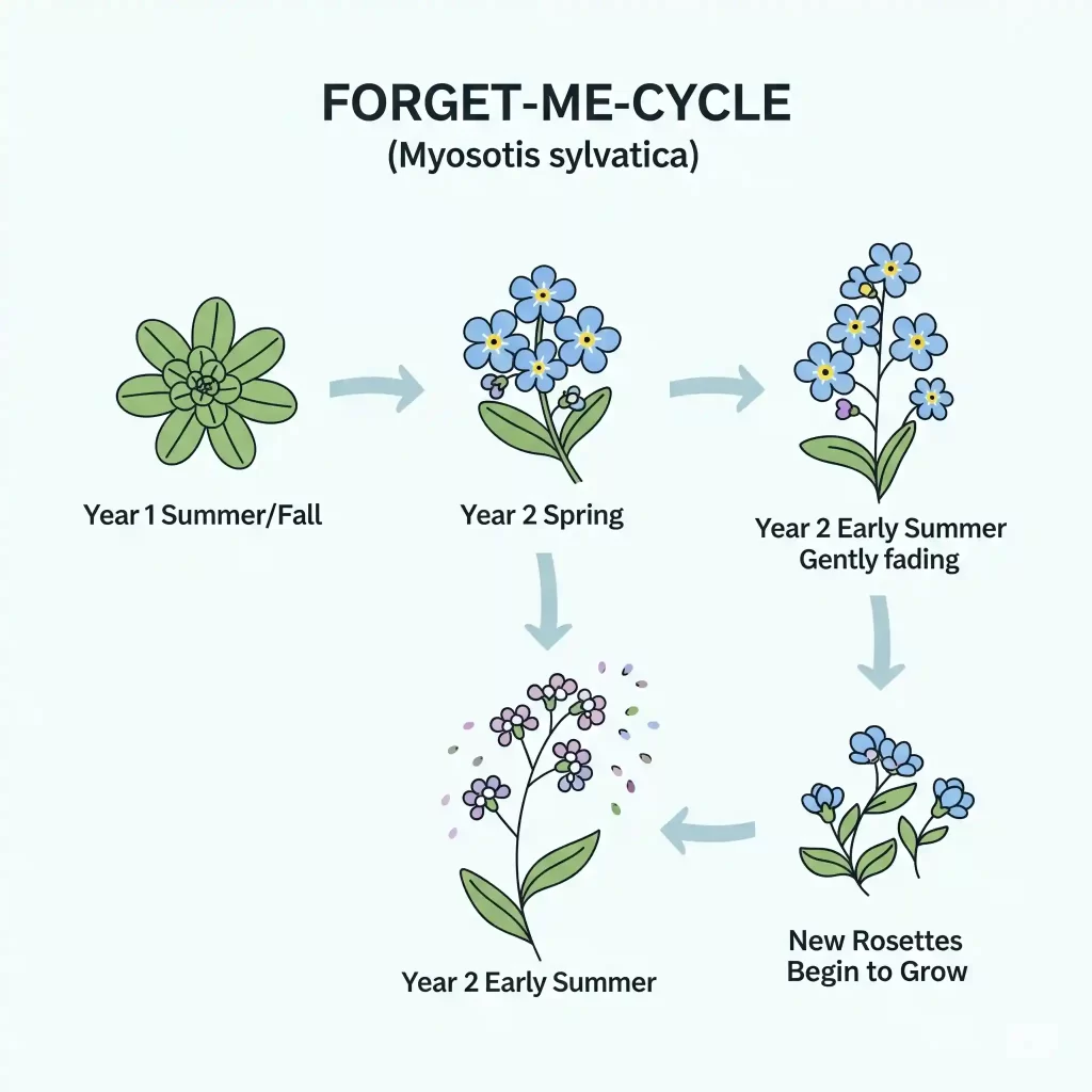 A clear and concise infographic titled "The Two-Year Dance of the Forget-Me-Not," illustrating the lifecycle of the Woodland Forget-Me-Not (Myosotis sylvatica). The graphic details the progression through Year 1 Summer/Fall (rosette formation), Year 2 Spring (vigorous blooming), Year 2 Early Summer (seed dropping and plant death), and the growth of new rosettes, visually explaining how this biennial plant perpetuates itself through self-seeding.