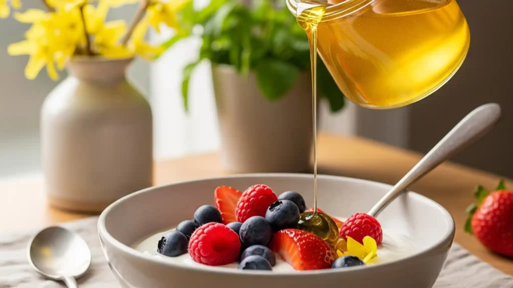 A visually appealing photograph showcasing the culinary uses of Forsythia. A small, clear glass jar filled with golden-hued Forsythia syrup is prominently displayed, with some syrup being drizzled over a white bowl of yogurt topped with fresh red berries. In the soft-focus background, a few vibrant yellow Forsythia flowers and perhaps some mint leaves are visible, reinforcing the fresh, natural ingredients used in this edible recipe.