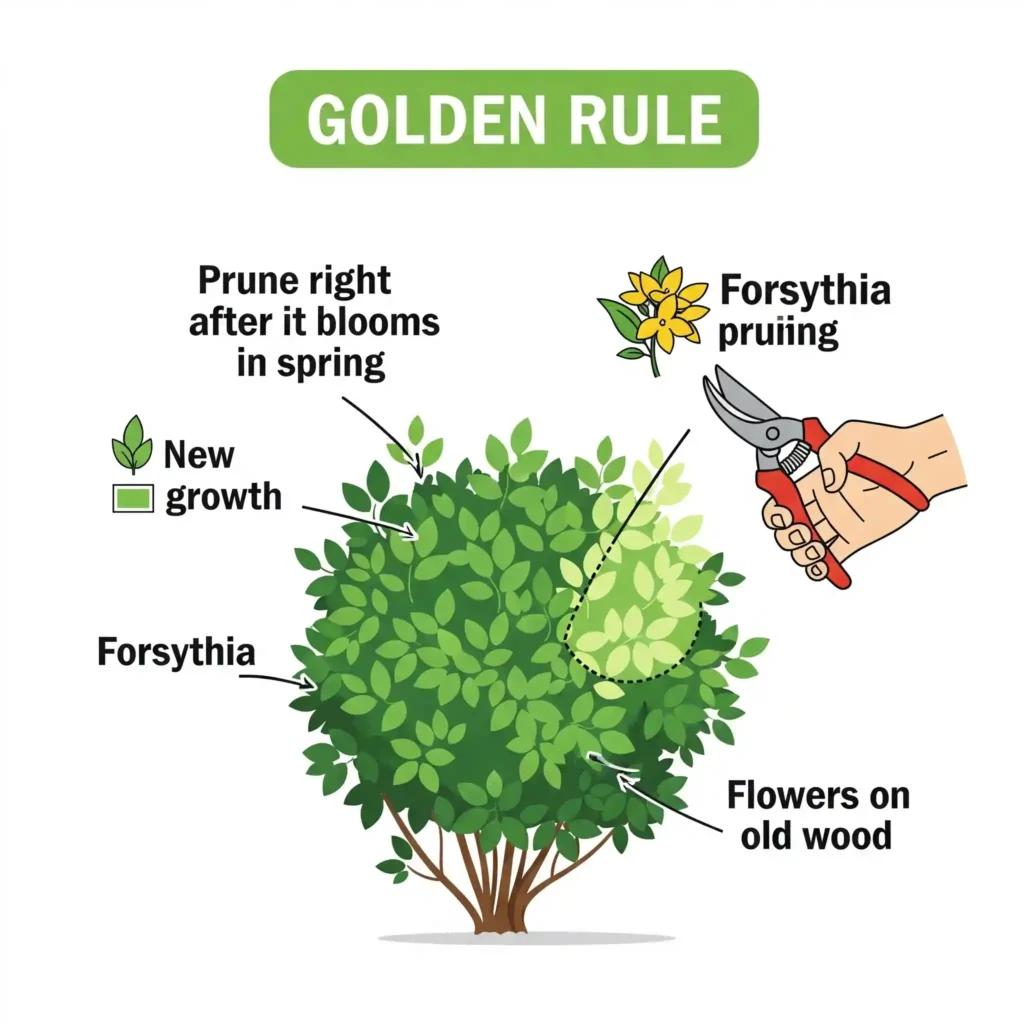 An educational graphic illustrating the essential "Golden Rule" for Forsythia pruning. The visual features a simplified diagram of a Forsythia bush, clearly demonstrating that pruning should occur "Right after it blooms in the spring." Key text highlights that Forsythia flowers on "old wood," explaining why incorrect timing removes next year's blooms. A small icon of a hand holding pruners reinforces the action, making this a helpful pruning guide for gardeners.