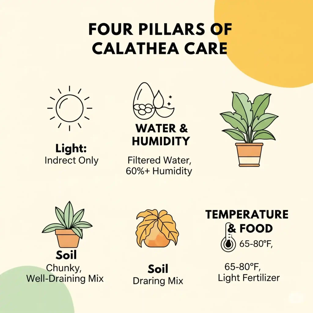 An informative graphic illustrating the "Four Pillars of Calathea Care." The visual guide features four distinct sections, each representing a pillar: Light (depicted with a sun icon and "Bright, Indirect Only"), Water & Humidity (with a water drop and humidifier icon, stating "Filtered Water, 60%+ Humidity"), Soil (with soil and root icons, indicating "Chunky, Well-Draining Mix"), and Temperature & Food (with a thermometer and fertilizer icon, showing "65-80°F, Light Fertilizer"). This Calathea care guide simplifies complex information for indoor plant enthusiasts.