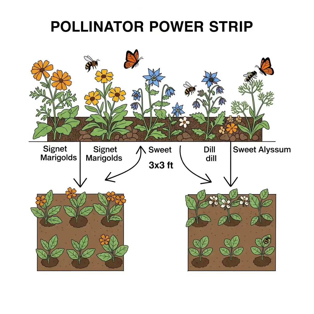 A clear garden blueprint illustration demonstrating a pollinator power strip design. The diagram highlights a dedicated garden area densely planted with Signet Marigolds, borage, sweet alyssum, and dill, showcasing their collective ability to attract a wide array of pollinators and beneficial insects to the entire garden ecosystem.