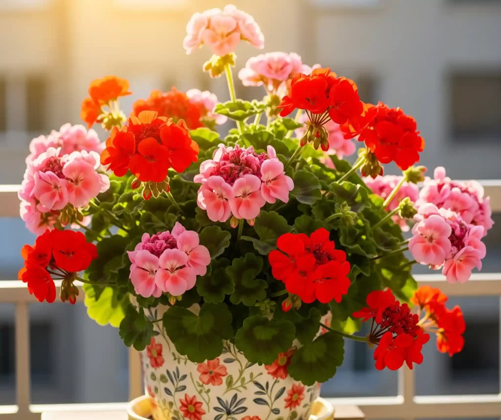A magnificent geranium plant bursts with vibrant red and pink blooms in a container on a sun-drenched balcony. The bright direct sunlight highlights the lush foliage and abundant flowers, illustrating the critical role of ample sunlight for maximizing geranium flowering in a balcony garden environment.