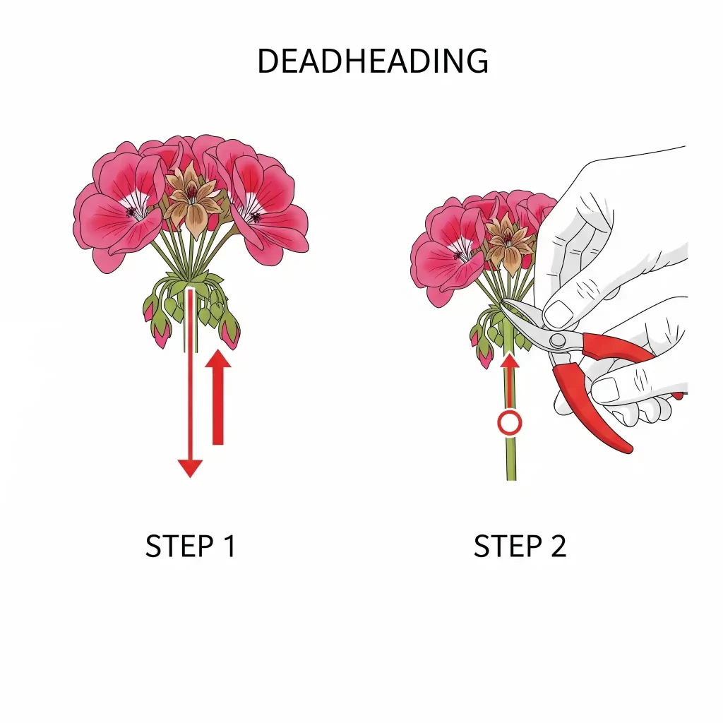 An instructional graphic demonstrating the correct deadheading technique for geraniums. The visual guide illustrates how to remove spent flower stalks by following them down to the main stem and pinching or cutting them off, a crucial step for encouraging continuous geranium blooms and preventing seed production.