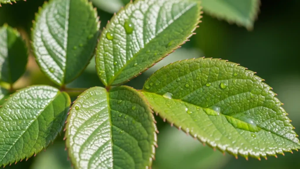 A detailed close-up of a vibrant, healthy groundcover rose leaf, showcasing its naturally glossy surface and thick cuticle, adorned with glistening dewdrops. This visual highlights the leaf's inherent disease resistance, a key trait bred into modern varieties that helps deter common fungal problems like black spot without the need for chemical sprays. The image emphasizes the plant's natural health and resilience.