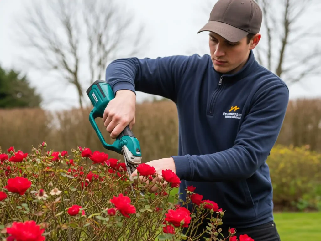 A practical image showing a gardener efficiently using electric hedge clippers to perform a rejuvenation prune on an established groundcover rose during late winter or early spring. The rose appears robust, signifying its resilience, and the action emphasizes the straightforward and low-effort pruning technique. This visual reassures gardeners that this optional task is simple and beneficial for maintaining the rose's vigor and bloom production.