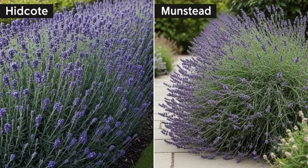 A side-by-side visual comparison of two popular English lavender cultivars. On the left, 'Hidcote' lavender displays a dense, upright, dark violet-blue flower color with silvery-gray foliage, illustrating its suitability for formal hedges and structured garden designs. On the right, 'Munstead' lavender presents a softer, mounding growth habit with classic lavender-purple flowers and greener-gray leaves, demonstrating its fit for cottage gardens and informal borders. This image highlights the distinct visual differences for gardeners choosing between these two iconic English lavender varieties.