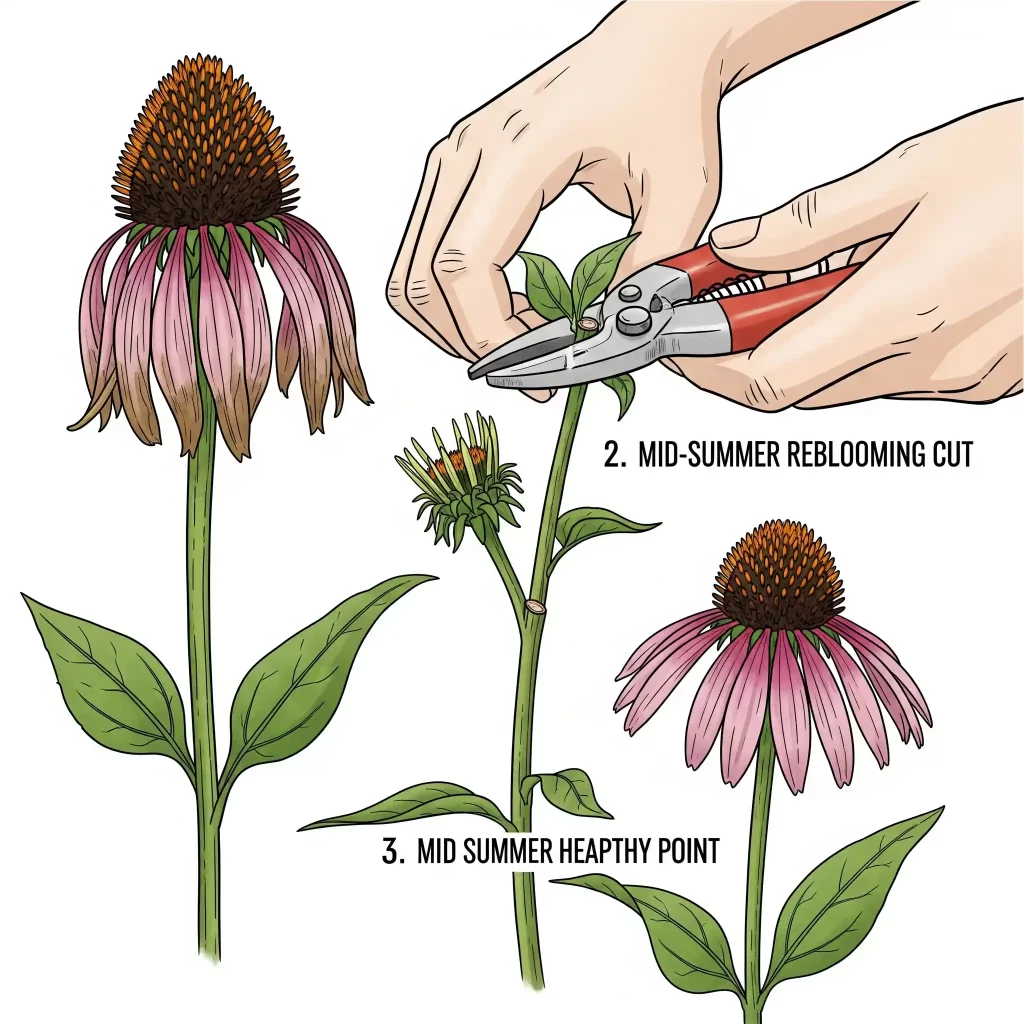 A sequential, illustrative guide demonstrating the correct technique for deadheading coneflowers to encourage reblooming. The images show how to make a "Mid-Summer Reblooming Cut" by snipping just above a leaf node or side bud, rather than just the spent flower head. This method redirects the plant's energy into producing more vigorous and abundant blossoms throughout the season, a key coneflower care tip.