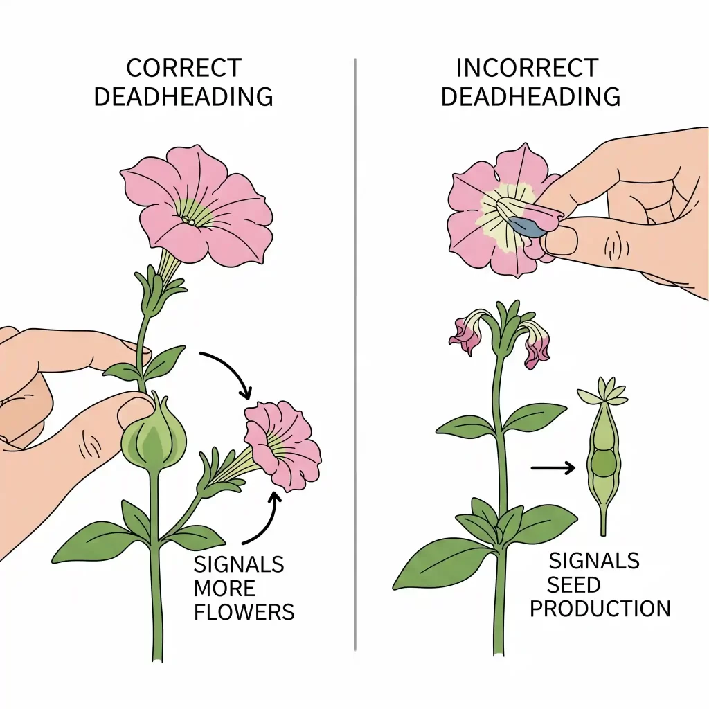 A simple, clear graphic guide titled "The Secret to More Blooms." On the left, under the heading "Correct," is a diagram of a healthy petunia stem. A hand is shown using the pinch and snap method to remove the entire faded flower, including the green calyx at its base. On the right, under the heading "Incorrect," a hand is shown pulling only the dead petals, leaving the green calyx behind, which is labeled "Seed Pod Forming." This diagram visually explains why removing the calyx is crucial for continuous petunia blooms.
