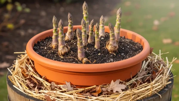 A clear depiction of the "Pot-in-Pot" method, a highly effective strategy for winterizing container asparagus. A smaller pot containing the asparagus is securely nested within a larger, insulated outer container, with the interstitial space generously packed with shredded leaves or straw. This setup provides vital asparagus winter protection, shielding the crown from extreme temperatures and freeze-thaw cycles to ensure its cold hardiness and survival.