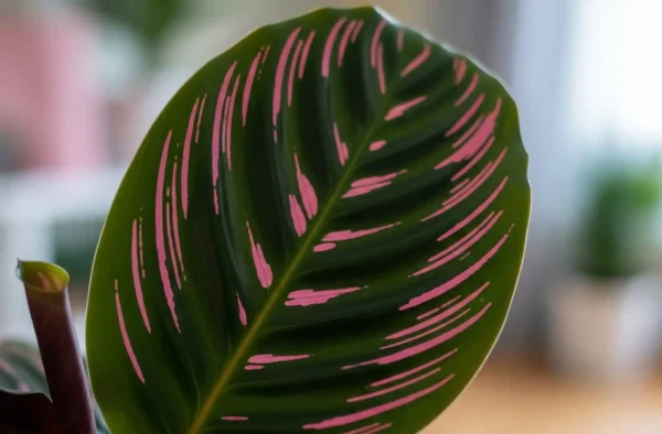 A vibrant close-up of a Calathea Ornata, also known as the Pinstripe Plant, displaying its unique dark green leaves adorned with striking pink pinstripes. The image emphasizes the plant's intricate patterns and healthy, glossy texture under soft, diffused lighting, indicative of ideal indirect light conditions for Calathea care. The blurred background suggests a thriving indoor environment, highlighting the plant's delicate beauty.