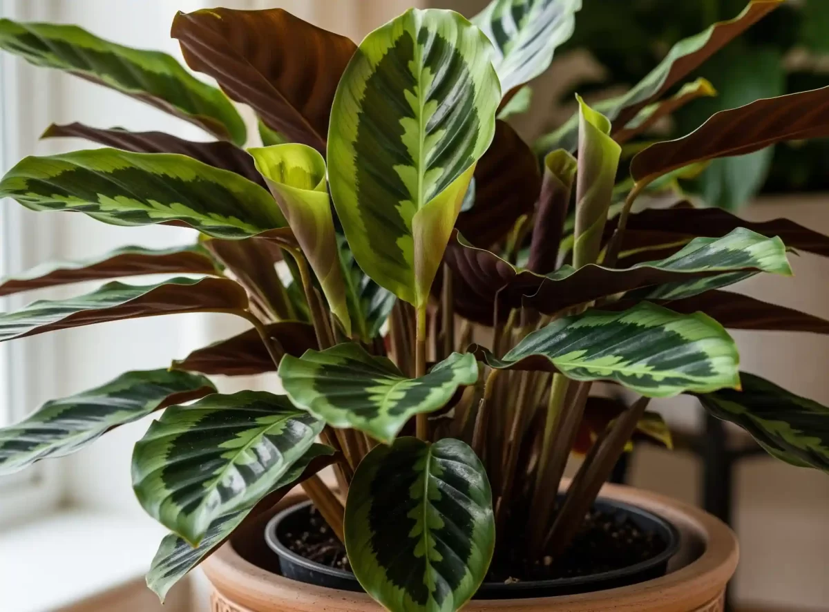 A beautiful image of a fully recovered and thriving Calathea mother plant in a decorative pot, showcasing its lush, vibrant foliage and robust growth after undergoing the division process. The plant's healthy appearance signifies successful propagation and demonstrates its resilience, highlighting that the parent plant also recovers well with proper care post-division.