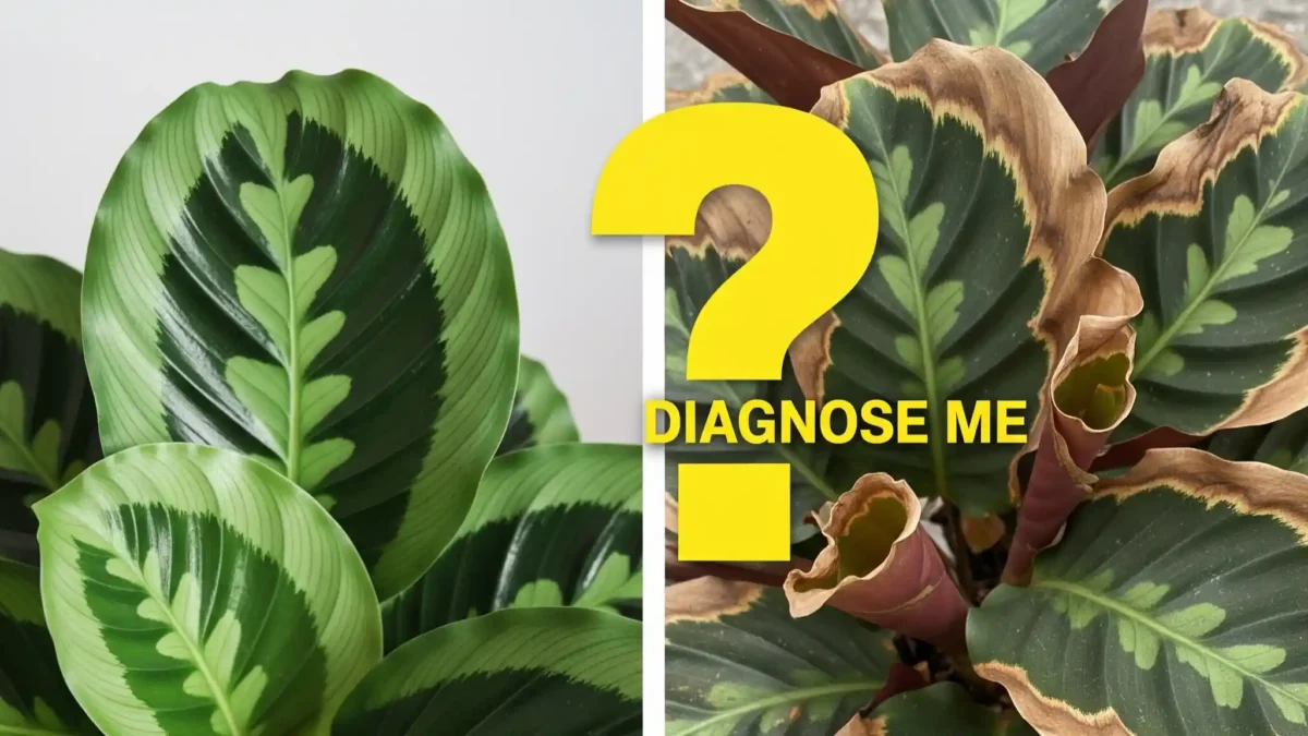 A visually striking comparison showing a lush, healthy Calathea plant juxtaposed with a distressed one exhibiting characteristic brown, crispy leaf tips and edges. The image serves as a visual prompt for Calathea diagnosis, inviting viewers to identify symptoms related to crispy leaves and seek solutions. It highlights the contrast between thriving and struggling Calatheas, emphasizing the importance of recognizing plant distress signals.