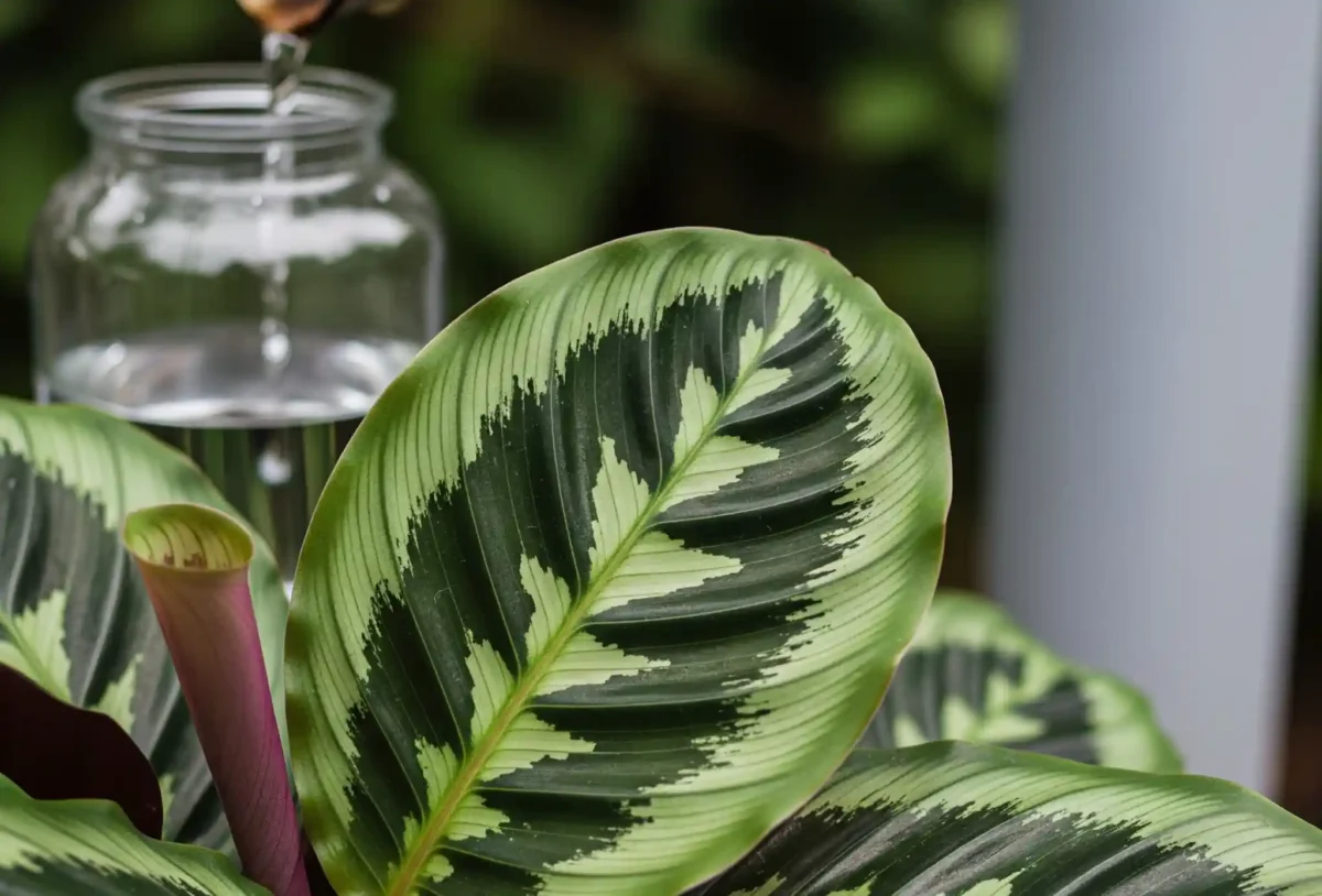 A close-up image of a healthy Calathea plant leaf, displaying its vibrant green and deep purple intricate patterns without any crispy brown edges or yellowing. The leaf is plump and well-hydrated, reflecting optimal plant health due to proper care. In the soft, dappled background, a clear glass jug is visible, subtly collecting pure rainwater from aspout, visually connecting the plant's vitality to the high water quality it receives.