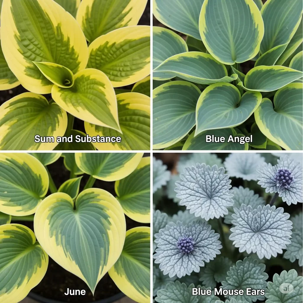 A vibrant collage featuring a curated selection of iron-clad, slug-resistant hosta varieties recommended for a low-maintenance garden. The images showcase 'Sum and Substance' (giant chartreuse), 'Blue Angel' (large blue), 'June' (stunning variegated), and 'Blue Mouse Ears' (adorable miniature), highlighting their thick leaves, corrugated textures, and waxy coatings that naturally deter slugs, ensuring a beautiful, unblemished shade garden.