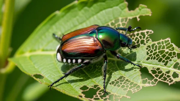 A detailed macro view of an adult Japanese beetle, identifiable by its metallic green head, copper wings, and five white hair tufts on its side, resting on a severely damaged Weigela leaf. The leaf is skeletonized, showing the intricate network of veins left behind after the beetle has eaten the soft tissue, a clear sign of Japanese beetle damage. The background is a soft blur of other green leaves from the shrub.