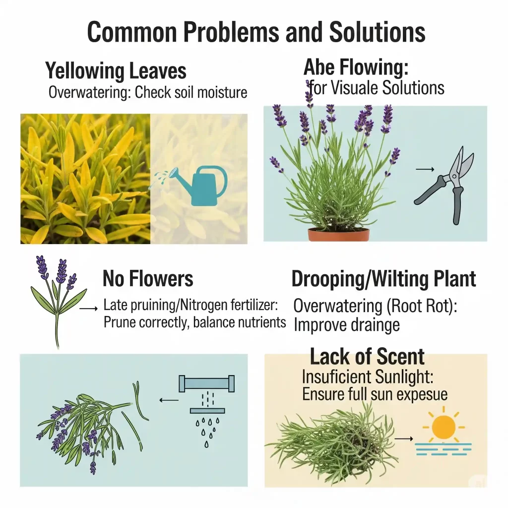 An informative infographic serving as a visual guide to common lavender problems and their solutions. The graphic is divided into four sections: "Yellowing Leaves," accompanied by an image of yellowed foliage, indicating overwatering; "No Flowers," showing a plant lacking blooms, linked to late pruning or excess nitrogen; "Drooping/Wilting Plant," depicting a limp plant, also pointing to overwatering and root rot; and "Lack of Scent," illustrating dull leaves, suggesting insufficient sunlight. Each section features clear text describing the issue and its corresponding solution for effective plant care.