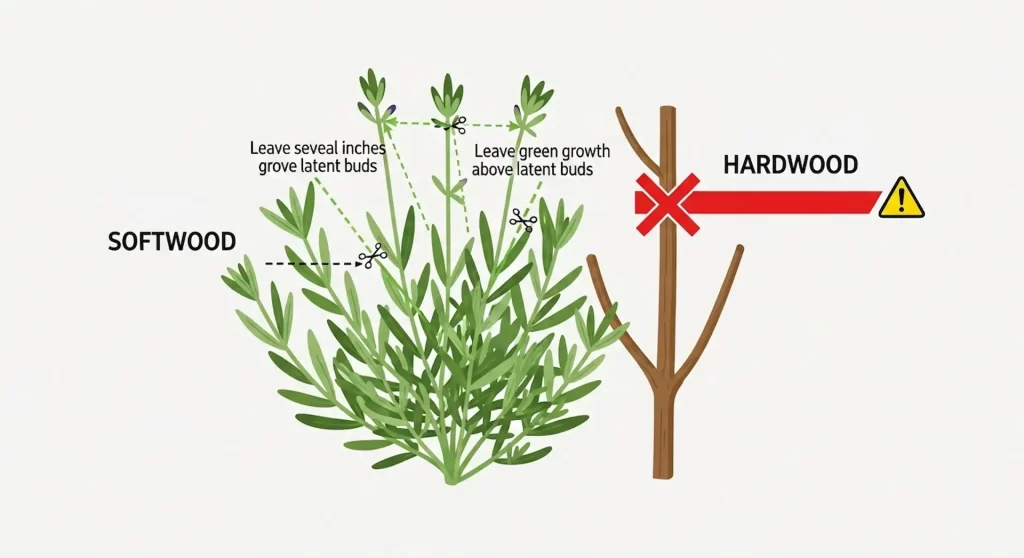 An illustrative graphic demonstrating the correct pruning technique for a lavender plant. The visual clearly distinguishes between the green, flexible "softwood" stems and the brown, rigid "hardwood" stems. Green dotted lines with scissor icons indicate where to make cuts – exclusively on the softwood, ensuring several inches of green growth and latent buds remain on each stem. A prominent red 'X' and warning symbol clearly mark the hardwood, indicating areas to explicitly avoid cutting to prevent damaging the plant's ability to regrow.