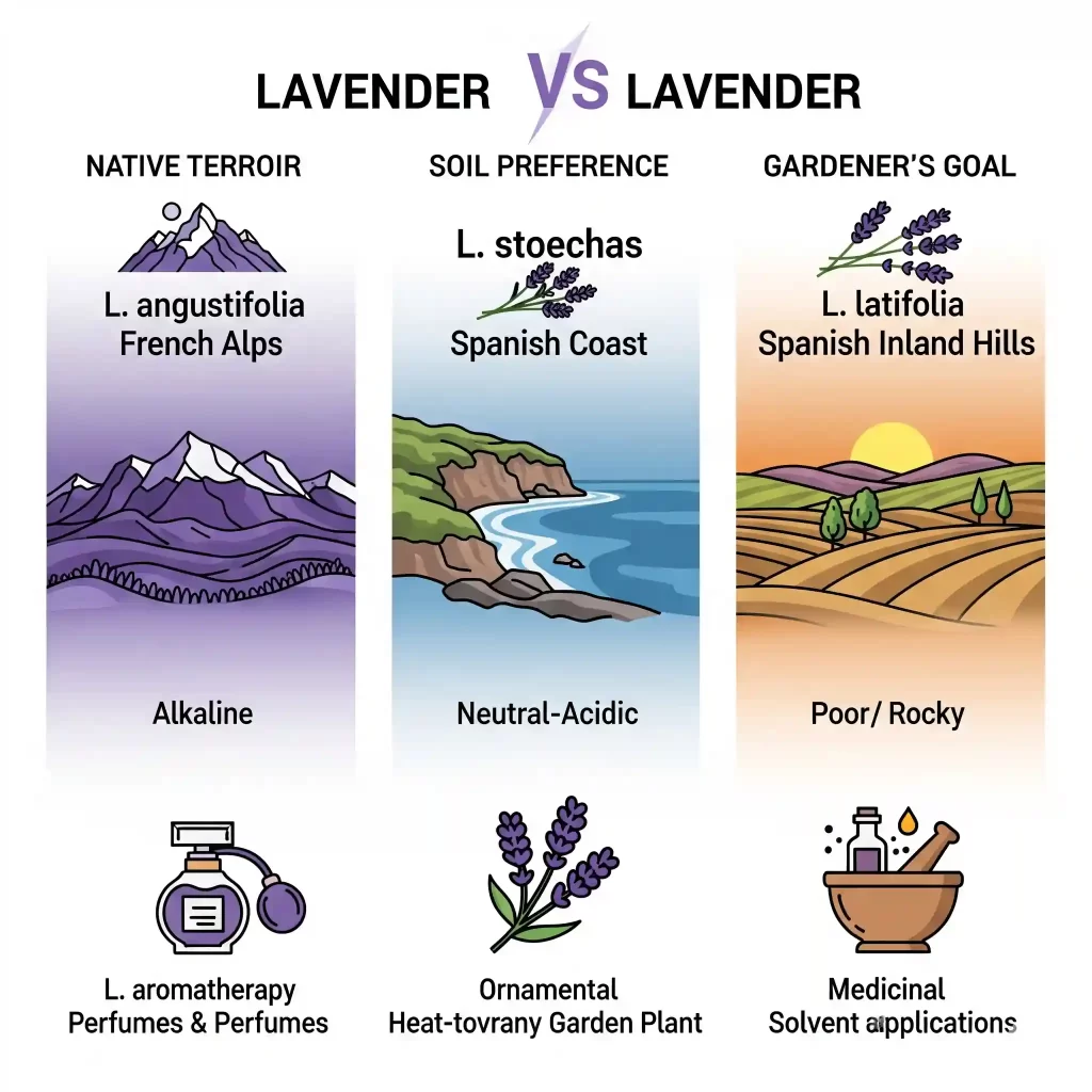 A detailed graphic comparing three main lavender types: Lavandula angustifolia, Lavandula stoechas, and Lavandula latifolia. For each type, the graphic clearly outlines its native terroir with a small icon (French Alps, Spanish Coast, Spanish Inland Hills), its preferred soil type (alkaline/well-draining, neutral to slightly acidic, rocky/poor), and its primary gardener's goal or common use (fine perfume/aromatherapy, heat-tolerant ornamental, medicinal/solvent). The design is clean, informative, and uses distinct icons and labels for easy comparison.