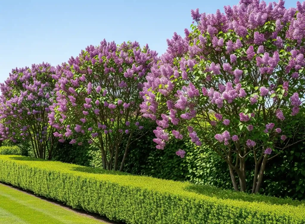 A visually compelling image showcasing a precisely planted row of three to five identical lilac shrubs, forming a fragrant, structured hedge. This deliberate repetition in design creates a powerful visual rhythm, demonstrating how lilacs can function as a modern hedge to define outdoor spaces, provide privacy, or create a grand sense of arrival. The neat maintenance underscores their suitability for contemporary landscape aesthetics.