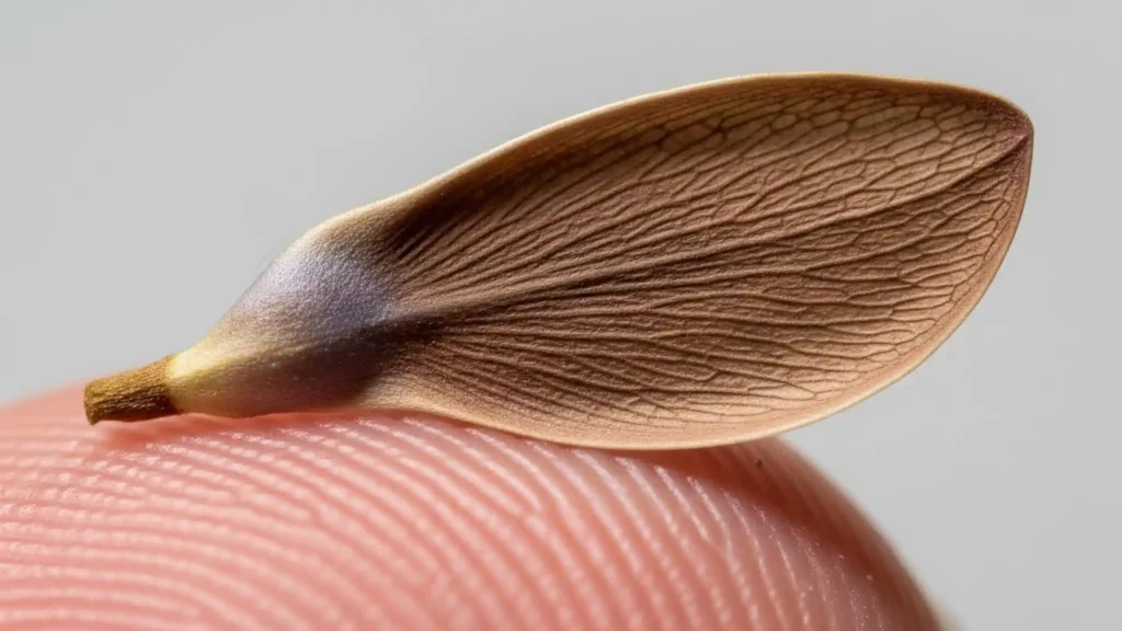 A detailed macro photograph of a single lilac seed showcasing its distinct appearance: a small, flat, brown kernel attached to a delicate, papery, wing-like structure known as a samara. This image clearly illustrates the morphology of the lilac seed, designed for efficient wind dispersal and aiding in its identification.