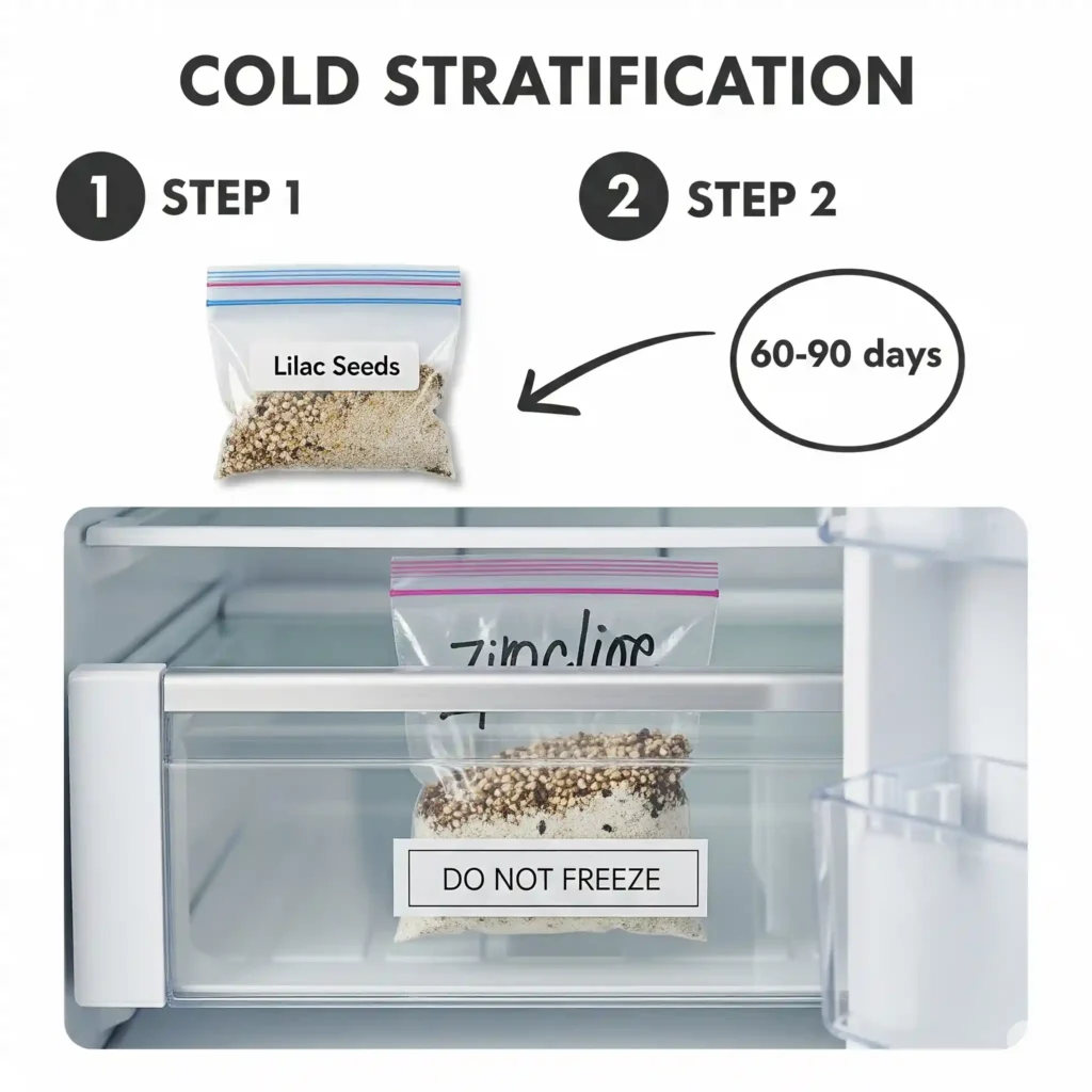 A clear, step-by-step graphic demonstrating the mandatory cold stratification process for lilac seeds. It shows seeds mixed with a damp medium inside a sealed, labeled Ziploc bag, which is then placed in a refrigerator for 60-90 days. This visual guide highlights the crucial environmental conditions needed to break the seeds' natural dormancy and prepare them for successful germination.