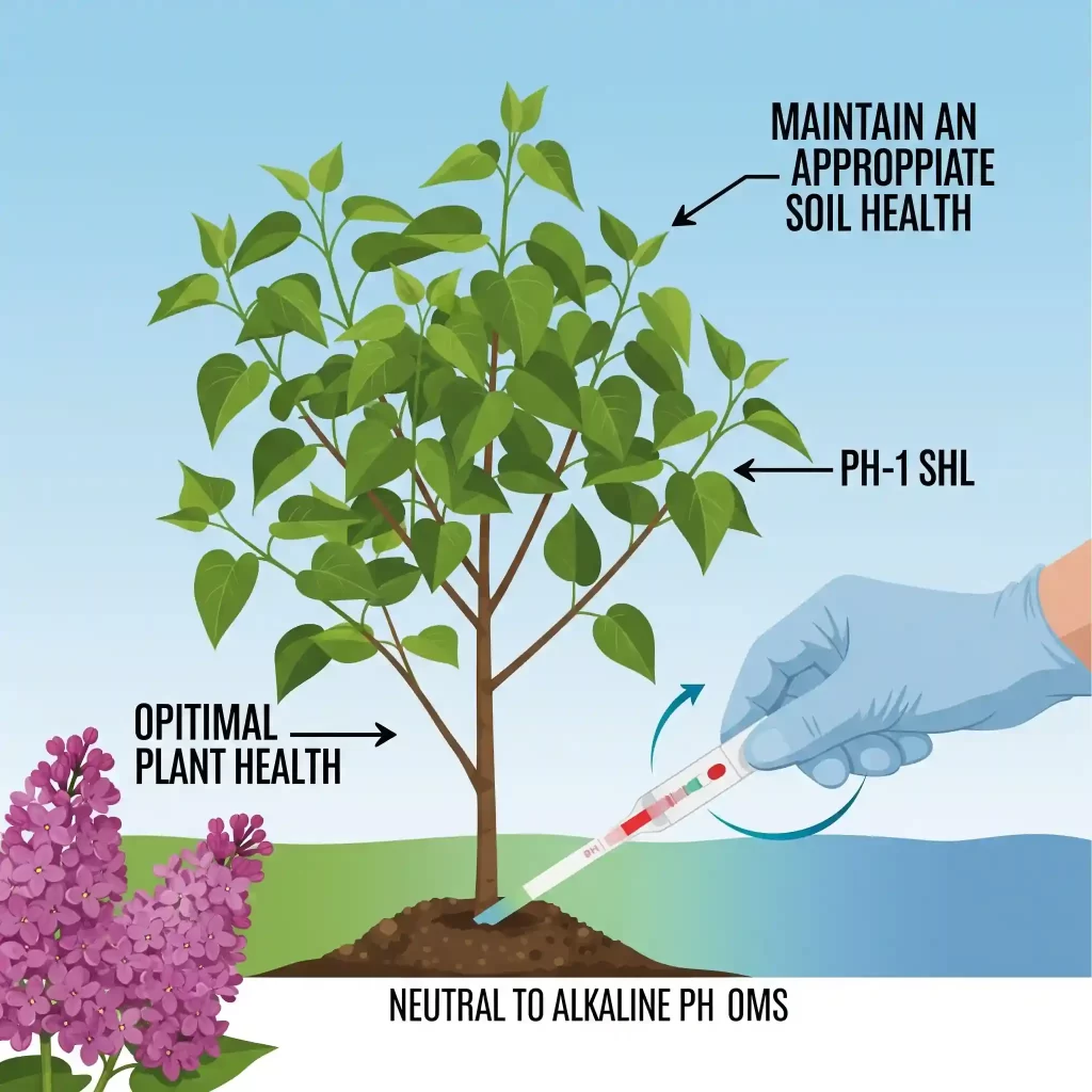 A clear, illustrative graphic emphasizing the critical role of soil pH for optimal lilac blooms. A newly planted lilac is shown with a hand using a pH testing kit, and the surrounding soil is visually indicated to be neutral to slightly alkaline pH (6.5 to 7.5). The graphic highlights how the correct soil acidity enables the plant to access essential nutrients like phosphorus, directly impacting its flowering ability and overall health.