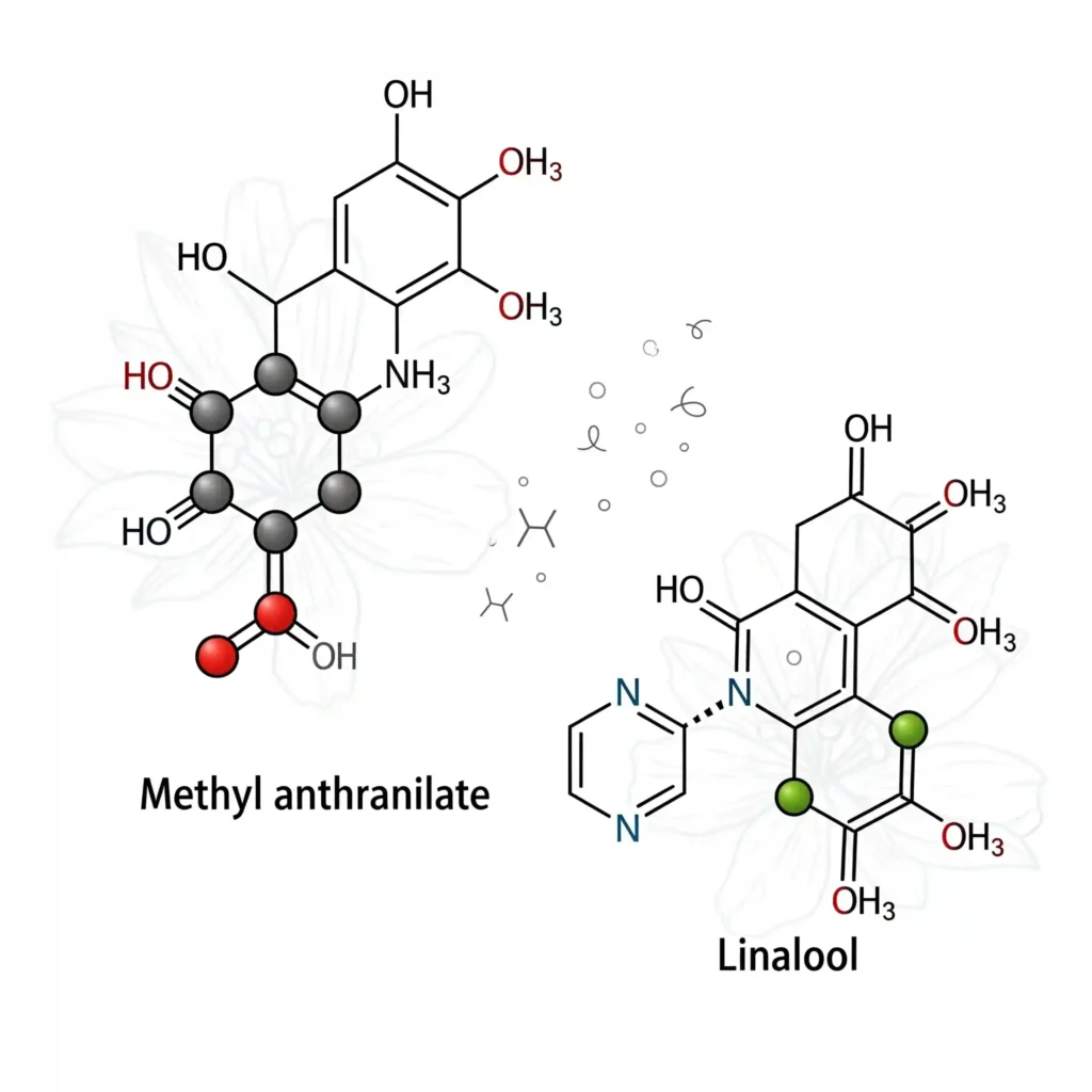 Mock Orange Care: The Best Way to Get the Most Fragrant Flowers 1 A clear illustration displaying the chemical structures of two primary volatile organic compounds (VOCs) found in Mock Orange scent: methyl anthranilate (representing sweet, grape-like notes) and linalool (representing floral, spicy notes). The molecules are depicted with their atomic bonds, set against a subtle, abstract floral background, visually explaining the science of the scent for this fragrant shrub.