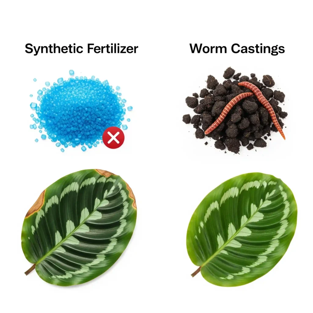 A side-by-side illustrative graphic comparing two types of Calathea fertilizer: synthetic and organic. The left side displays blue crystalline synthetic fertilizer, subtly implying its harshness. The right side showcases dark, rich organic worm castings, representing a gentle and beneficial alternative. This visual emphasizes the safer, more sustainable choice for Calathea plant nourishment, guiding plant owners toward avoiding chemical burns and promoting long-term soil health.