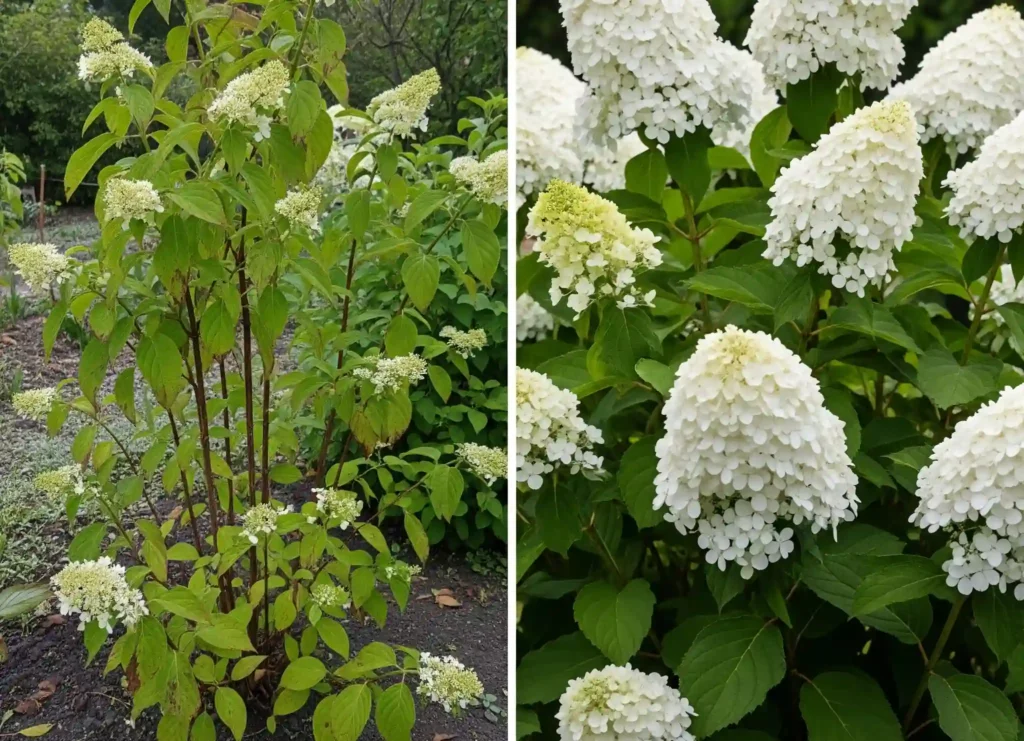 A compelling side-by-side comparison contrasting a disappointing bigleaf hydrangea with minimal blooms on the left against a thriving, bloom-filled panicle hydrangea on the right. The bigleaf variety appears sparse with few flowers, representing common gardener frustrations due to winter damage or improper pruning. In contrast, the panicle hydrangea bursts with abundant, large, cone-shaped white flowers, symbolizing reliable and guaranteed blooms in a vibrant garden setting, highlighting its superior hardiness and ease of care.