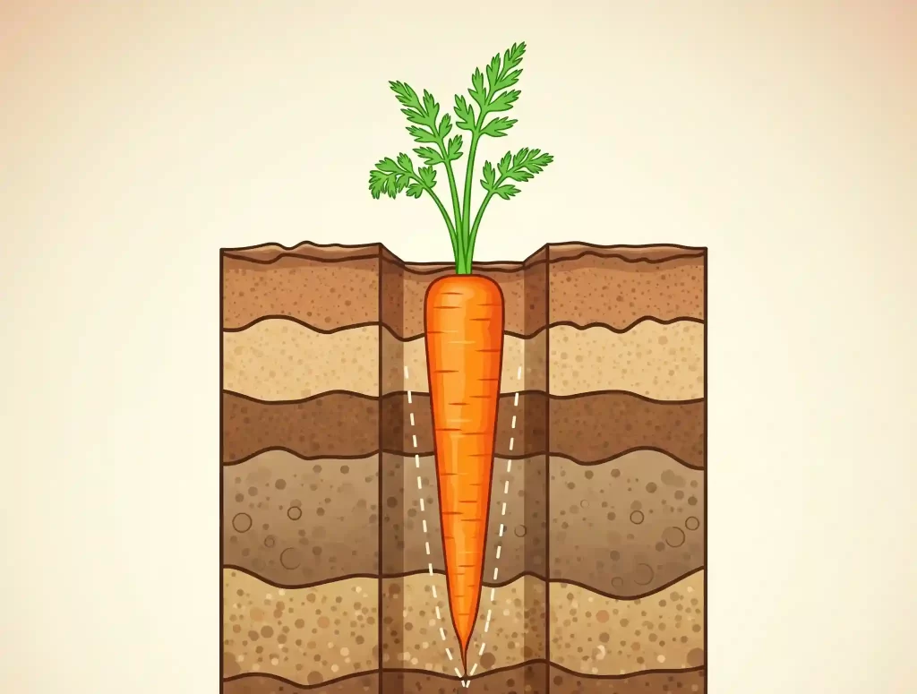 A clear, cross-sectional illustration of ideal soil conditions for growing carrots, featuring a long, perfectly straight, vibrant orange carrot extending deep into the ground. The surrounding soil is depicted as loose, rich, and consistent in texture, free from any rocks, clay clumps, or compacted areas that could impede growth. This visual metaphorically represents the sensitive taproot of the carrot as a "probe," highlighting how permeable, obstruction-free soil is the absolute key to achieving straight, well-formed carrots, making it a dream harvest for any gardener.