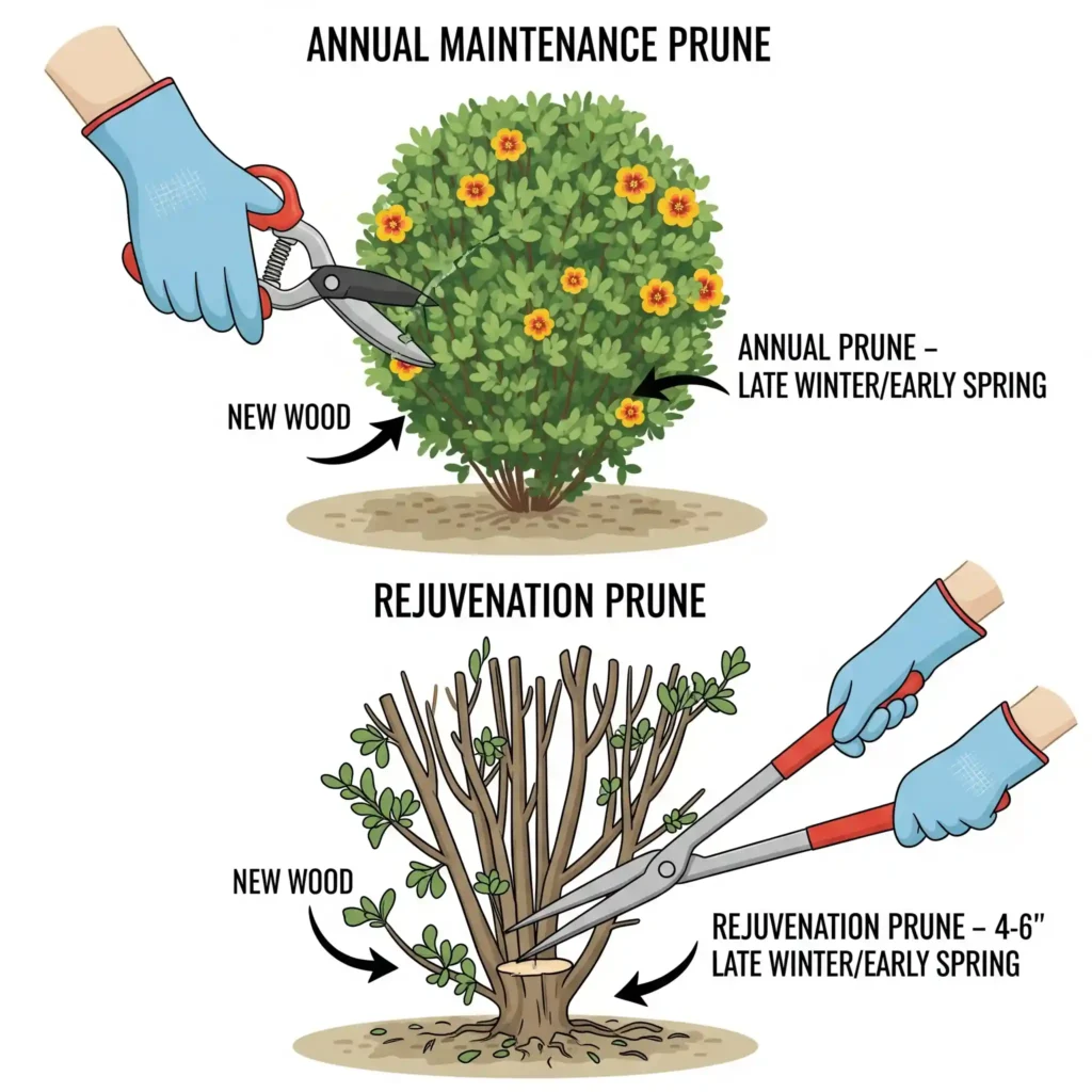 An instructional graphic detailing two essential Potentilla pruning methods. One side illustrates an "Annual Maintenance Prune," showing a hand trimming roughly one-third of the shrub's growth to encourage more flowers. The other side demonstrates a "Rejuvenation Prune," depicting an overgrown Potentilla cut back drastically to 4-6 inches from the ground to revitalize old, woody plants. This guide visually explains how to maintain shape and maximize blooms for continuous flowering.