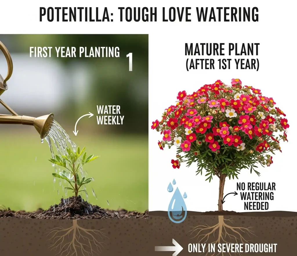 An infographic titled "Potentilla: Tough Love Watering," explaining the minimal watering needs of this hardy shrub. The guide is split into two phases: "First Year Planting" advises weekly watering to establish deep roots. "Mature Plant (After 1st Year)" emphasizes "No Regular Watering Needed," with a visual note that supplemental watering is only necessary during severe, prolonged droughts, highlighting Potentilla's drought tolerance and "tough love" approach to watering.