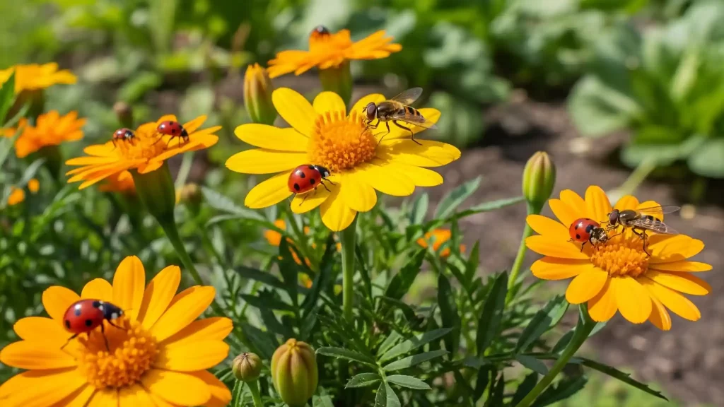 A delightful garden scene showcasing Signet Marigolds (Tagetes tenuifolia) with their small, daisy-like yellow and orange flowers. Close-up details show ladybugs and hoverflies actively feeding on the nectar and pollen, highlighting the marigolds' role in attracting beneficial insects to the garden ecosystem. Healthy green vegetable plants are subtly visible in the background.