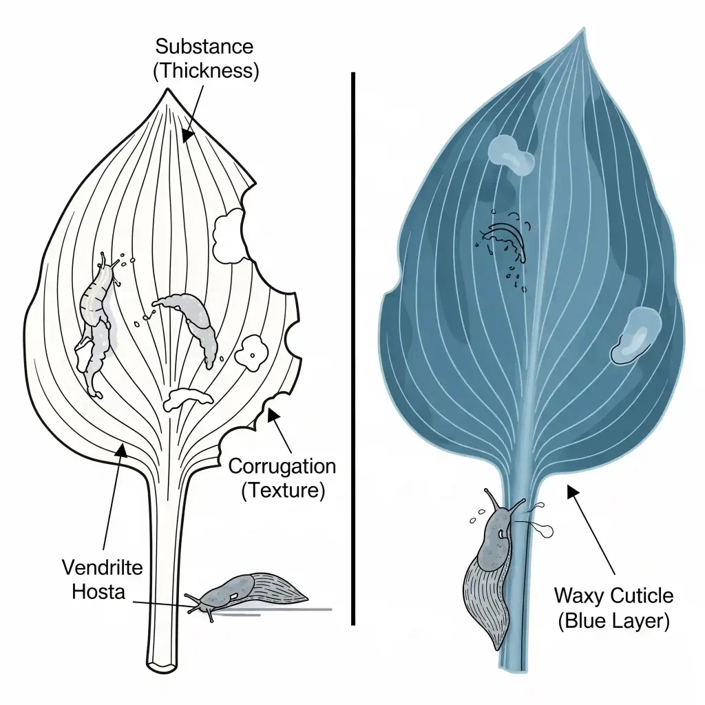 A scientific illustration comparing two hosta leaves to explain slug resistance. On one side, a slug easily damages a thin leaf. On the other, a slug struggles with a hosta leaf exhibiting three key defensive traits: high substance (thickness), pronounced corrugation (texture), and a waxy blue cuticle (bloom). This visual clearly explains the botanical reasons why certain hosta varieties are naturally slug-proof.