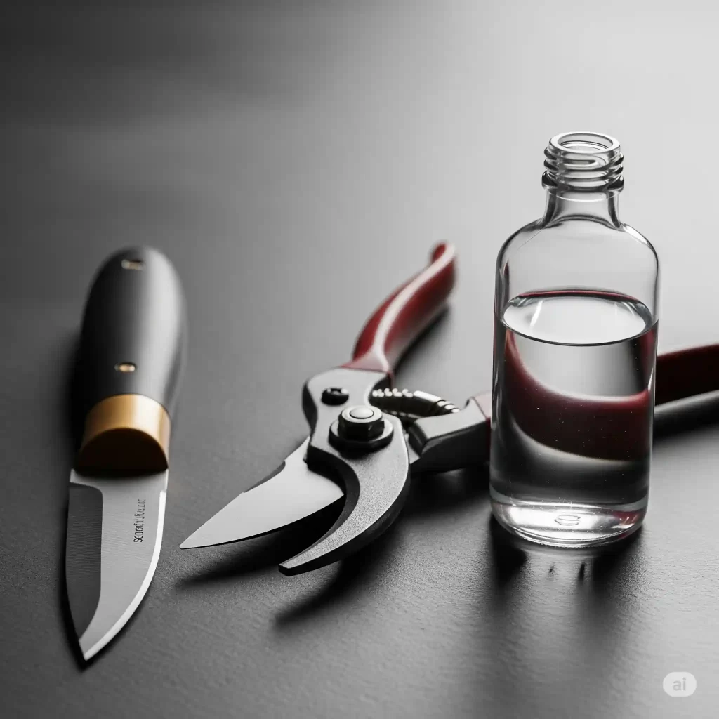 A sharp, focused image of essential sterilized gardening tools for Calathea propagation, including a clean, sharp knife and pruners. A bottle of rubbing alcohol is subtly visible in the background, emphasizing the importance of sterilization to prevent infection during the Calathea division process.