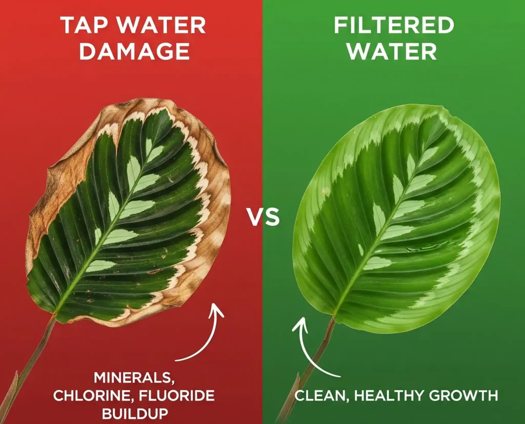 A clear and concise infographic visually comparing the effects of different water types on Calathea plants. One side, labeled "Tap Water Damage," shows a Calathea leaf with prominent crispy brown tips and edges, accompanied by text explaining the cause: "Minerals, Chlorine, Fluoride Buildup." The opposing side, labeled "Filtered Water," displays a vibrant, healthy green Calathea leaf, with text highlighting "Clean, Healthy Growth," emphasizing the benefits of using pure water for Calathea care.