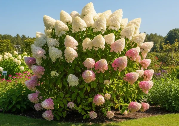 A breathtaking garden landscape showcasing a large, mature panicle hydrangea in peak bloom, its abundant cone-shaped flowers ranging from creamy white to soft pink, indicative of a 'Limelight' or 'Phantom' variety. The shrub stands prominently in a lush, well-maintained garden under a bright sky, symbolizing reliable growth and effortless garden success. This inviting scene captures the essence of a thriving, low-maintenance garden.