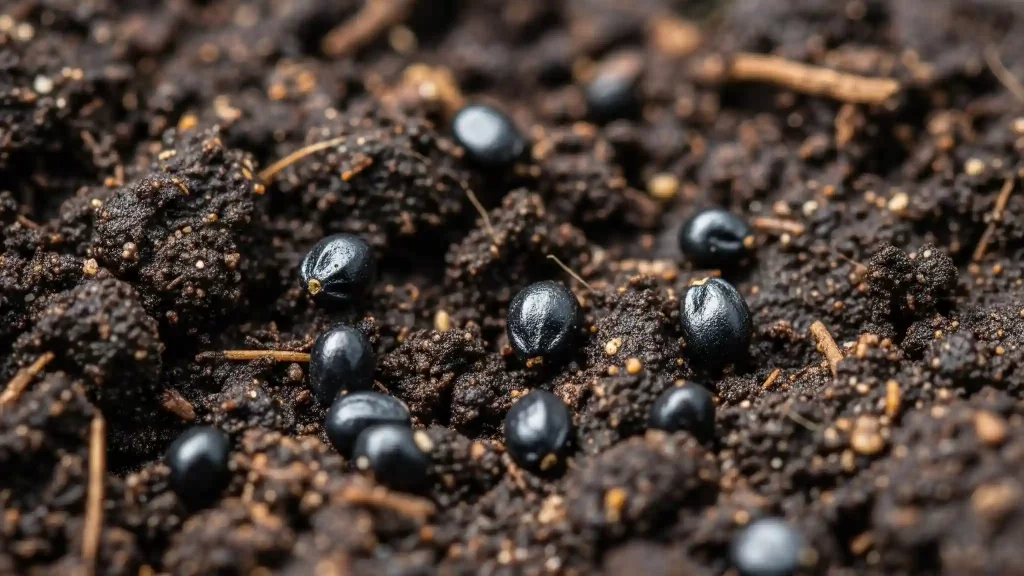 An extreme close-up, macro photograph showcasing numerous tiny, glossy black Myosotis sylvatica forget-me-not seeds scattered lightly on a bed of dark, nutrient-rich, and well-prepared garden soil that has been amended with compost. The fine detail emphasizes their small size, appearing "little bigger than a pinhead," under soft, diffused lighting.