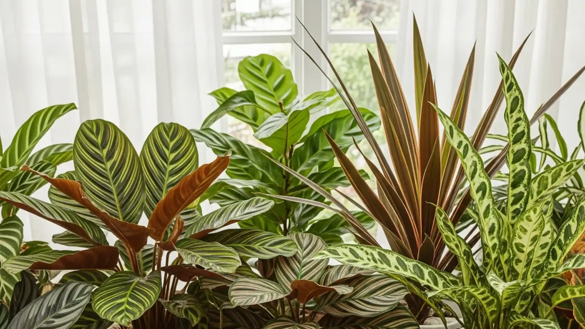 A vibrant cover image showcasing a diverse collection of healthy Calathea plant varieties, including a Peacock Plant, Rattlesnake Plant, Pinstripe Plant, and 'White Fusion', each displaying their unique leaf patterns and colors. The plants are artfully arranged in a bright, indoor setting with natural, indirect light, signifying a comprehensive and ultimate guide to Calathea care and identification for houseplant enthusiasts.