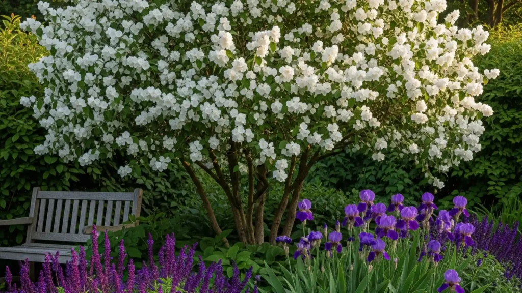 Mock Orange Care: The Best Way to Get the Most Fragrant Flowers 2 A vibrant garden scene highlighting a magnificent "Virginal" Mock Orange shrub in spectacular full bloom, laden with large, frilly double white flowers. The shrub's vigorous growth forms a prominent feature in a traditional garden setting. In the foreground, complementary deep purple salvia or Siberian iris enhance the visual appeal, creating a beautiful contrast. The warm, inviting light of late afternoon suggests the perfect time to experience the shrub's strong, sweet fragrance.